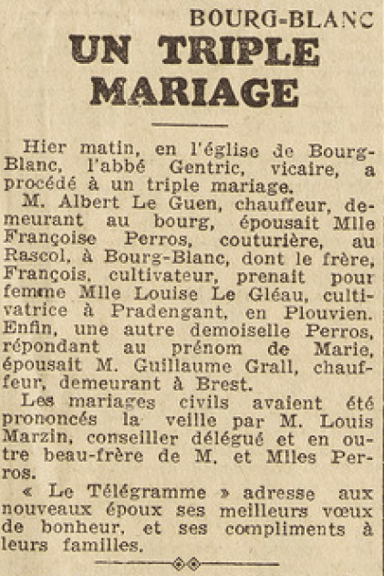 Brest Bourg-Blanc mariages familles Perros, Le Guen, Le Gléau, Grall Le Télégramme 6 Janvier 1954