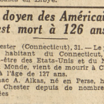 Chester Connecticut décès de Isaac A Alkas 127 ans doyen des Américains Le télégramme 1 Aout 1953