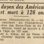 Chester Connecticut décès de Isaac A Alkas 127 ans doyen des Américains Le télégramme 1 Aout 1953