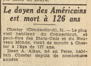 Chester Connecticut décès de Isaac A Alkas 127 ans doyen des Américains Le télégramme 1 Aout 1953