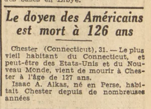 Chester Connecticut décès de Isaac A Alkas 127 ans doyen des Américains Le télégramme 1 Aout 1953