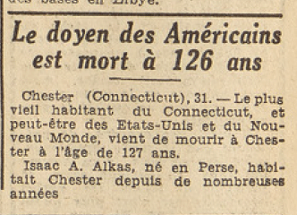 Chester Connecticut décès de Isaac A Alkas 127 ans doyen des Américains Le télégramme 1 Aout 1953