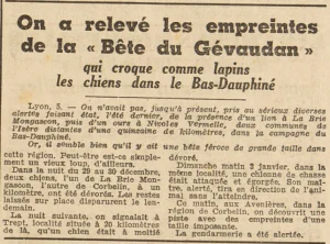 Des empreintes de la Bête du Gévaudan Le Télégramme 6 janvier 1954