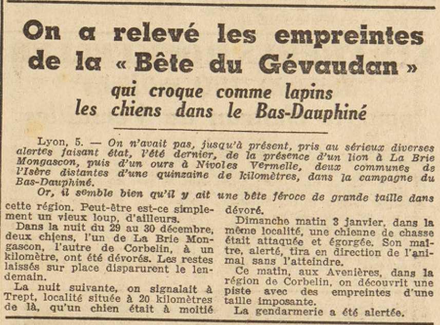 Des empreintes de la Bête du Gévaudan Le Télégramme 6 janvier 1954