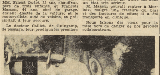 Guingamp 1953 accident de voiture Quéré Ernest 35 ans Masson François 44 ans Peereve Daniel motocycliste Le Télégramme 10 août 1953