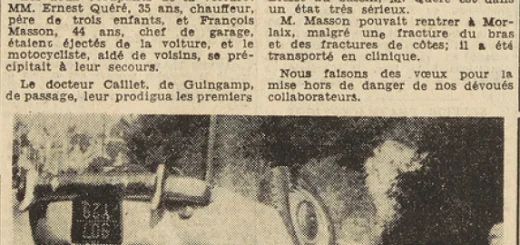 Guingamp 1953 accident de voiture Quéré Ernest 35 ans Masson François 44 ans Peereve Daniel motocycliste Le Télégramme 10 août 1953