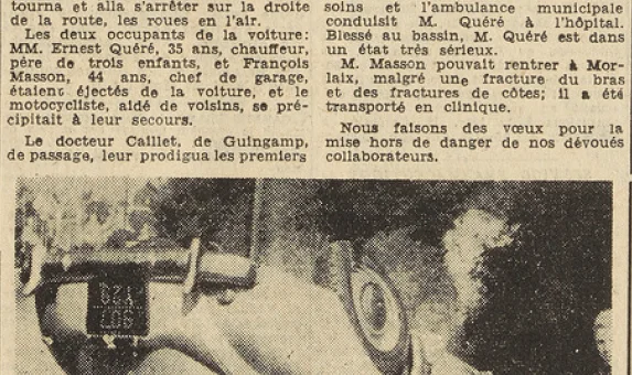 Guingamp 1953 accident de voiture Quéré Ernest 35 ans Masson François 44 ans Peereve Daniel motocycliste Le Télégramme 10 août 1953