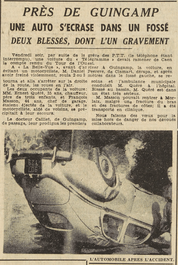Guingamp 1953 accident de voiture Quéré Ernest 35 ans Masson François 44 ans Peereve Daniel motocycliste Le Télégramme 10 août 1953