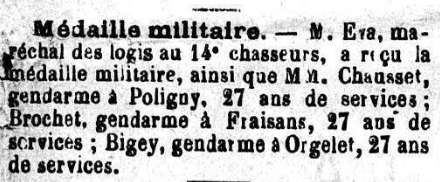 Médaille militaire Mrs Eva 14e chasseurs et Mrs Chausset, Brochet,Bigey gendarmes L'Avenir du Jura 6 Janvier 1906