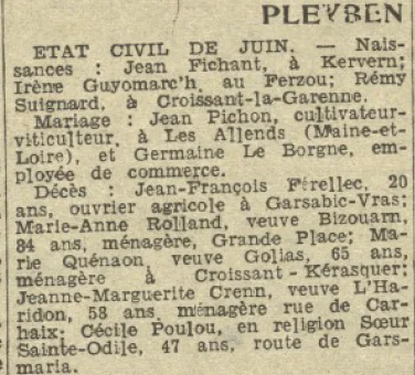 Pleyben état civil juin La Dépêche de Brest 4 juillet 1944