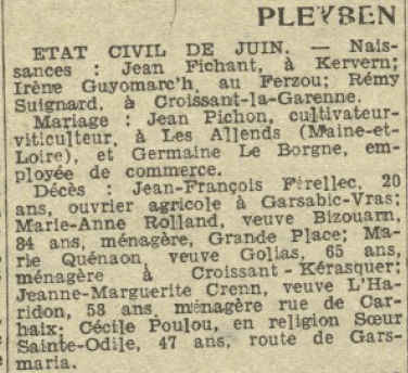 Pleyben état civil juin La Dépêche de Brest 4 juillet 1944