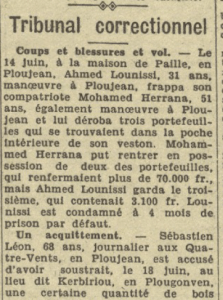 Tribunal correctionnel Ploujean Lounissi Ahmed Herrana Mohamed Sébastien Léon La Dépêche de Brest 3 juillet 1944