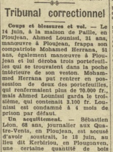 Tribunal correctionnel Ploujean Lounissi Ahmed Herrana Mohamed Sébastien Léon La Dépêche de Brest 3 juillet 1944