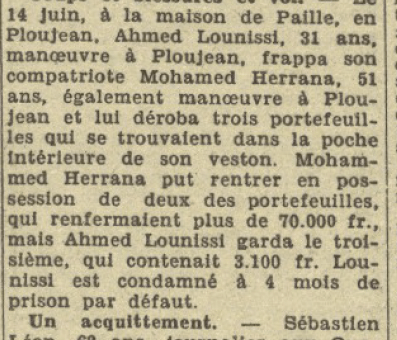 Tribunal correctionnel Ploujean Lounissi Ahmed Herrana Mohamed Sébastien Léon La Dépêche de Brest 3 juillet 1944