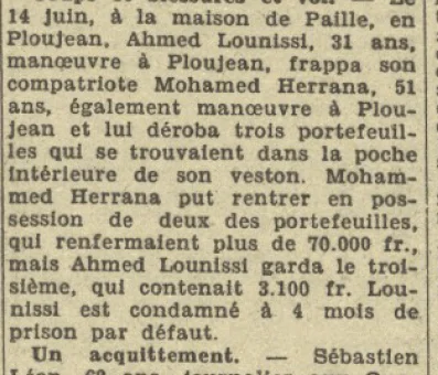 Tribunal correctionnel Ploujean Lounissi Ahmed Herrana Mohamed Sébastien Léon La Dépêche de Brest 3 juillet 1944