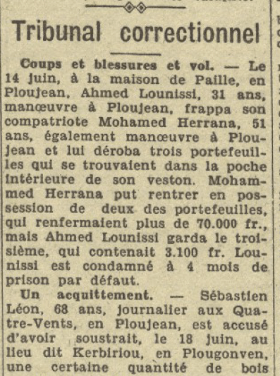 Tribunal correctionnel Ploujean Lounissi Ahmed Herrana Mohamed Sébastien Léon La Dépêche de Brest 3 juillet 1944